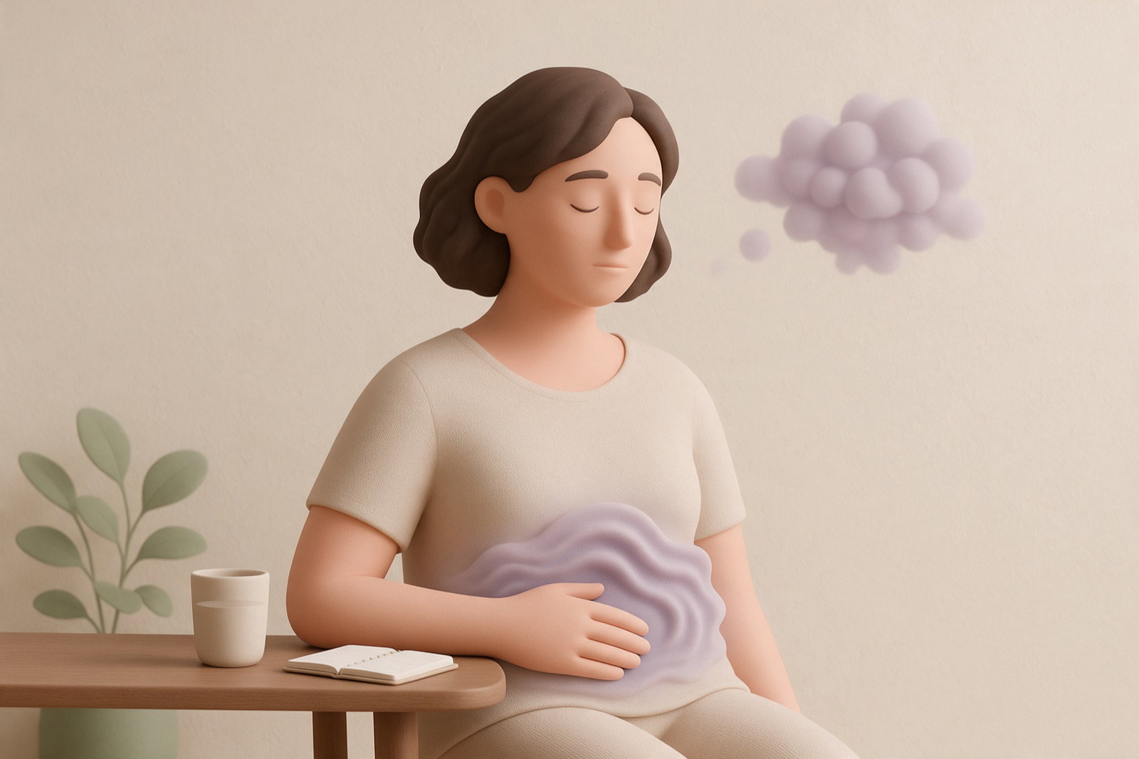 Persoană așezată la masă, cu mâna pe abdomen, într-o ilustrație despre simptome fizice și îngrijorare.