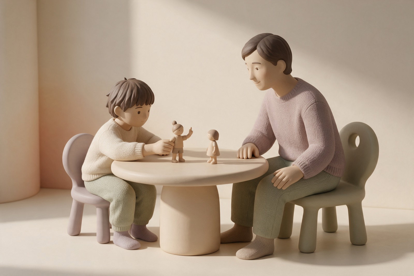 Un copil și un adult folosesc două figurine într-un joc de rol la masă; una dintre figurine are brațul ridicat.