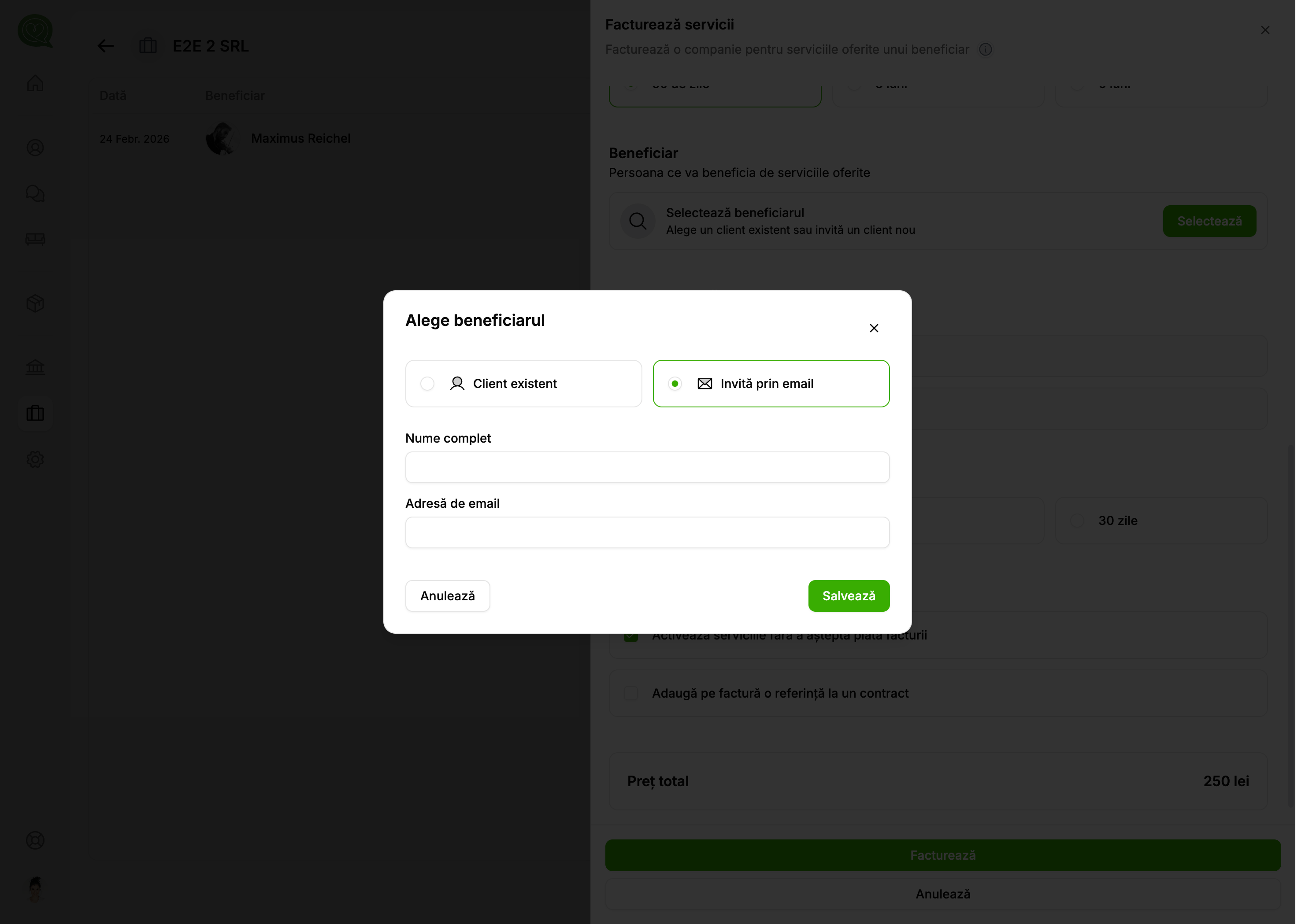 Selectare beneficiar — invitație prin email