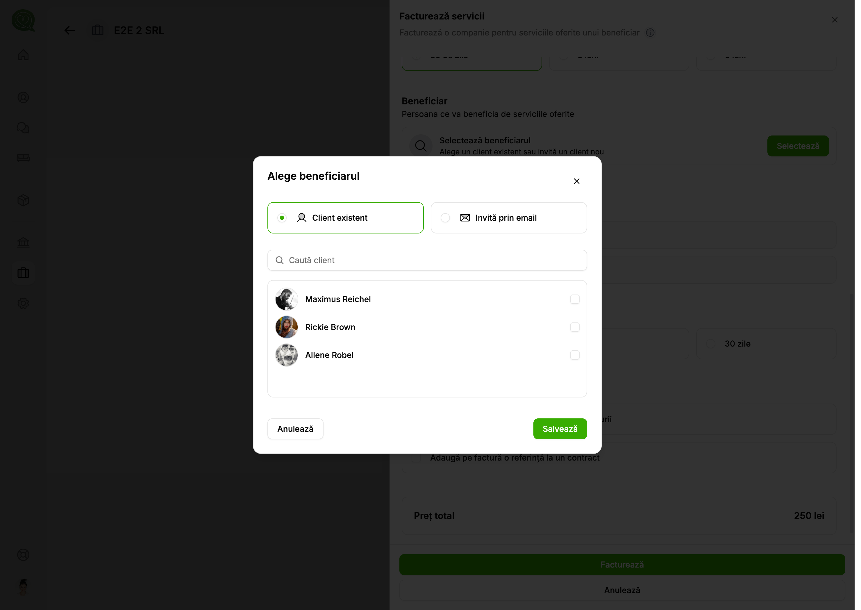Selectare beneficiar — client existent