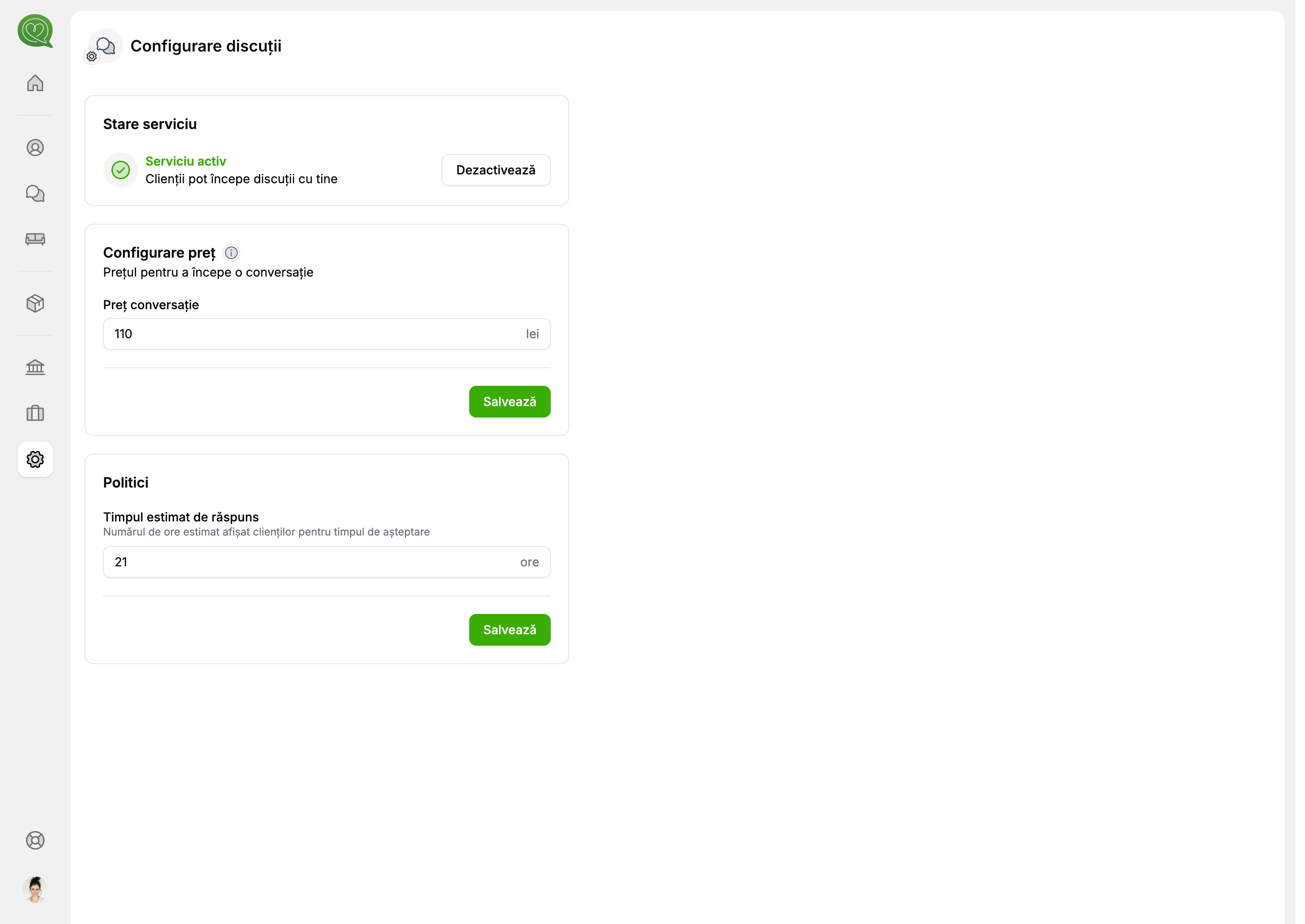 Pagina de configurare discuții