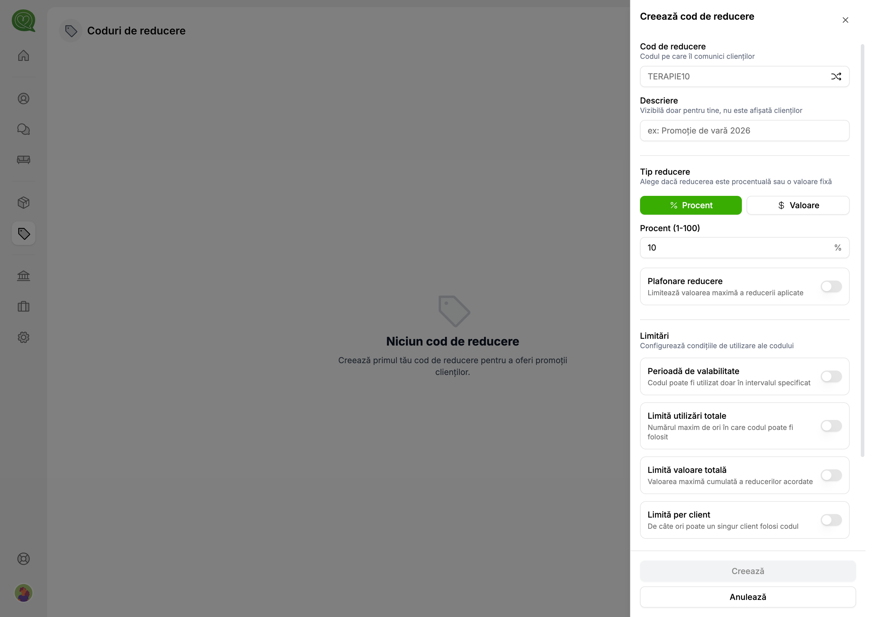 Formular creare cod de reducere