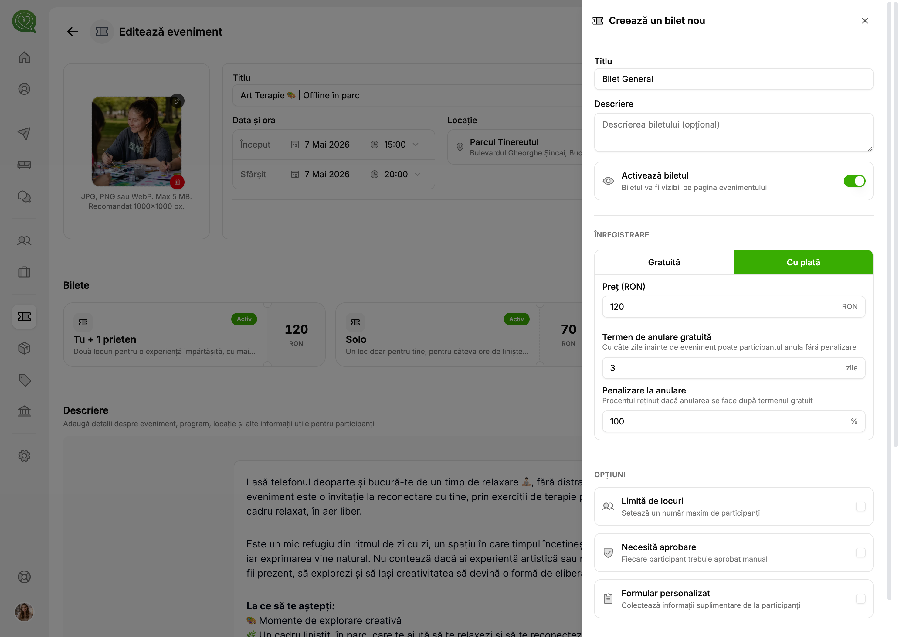 Panoul de configurare bilet