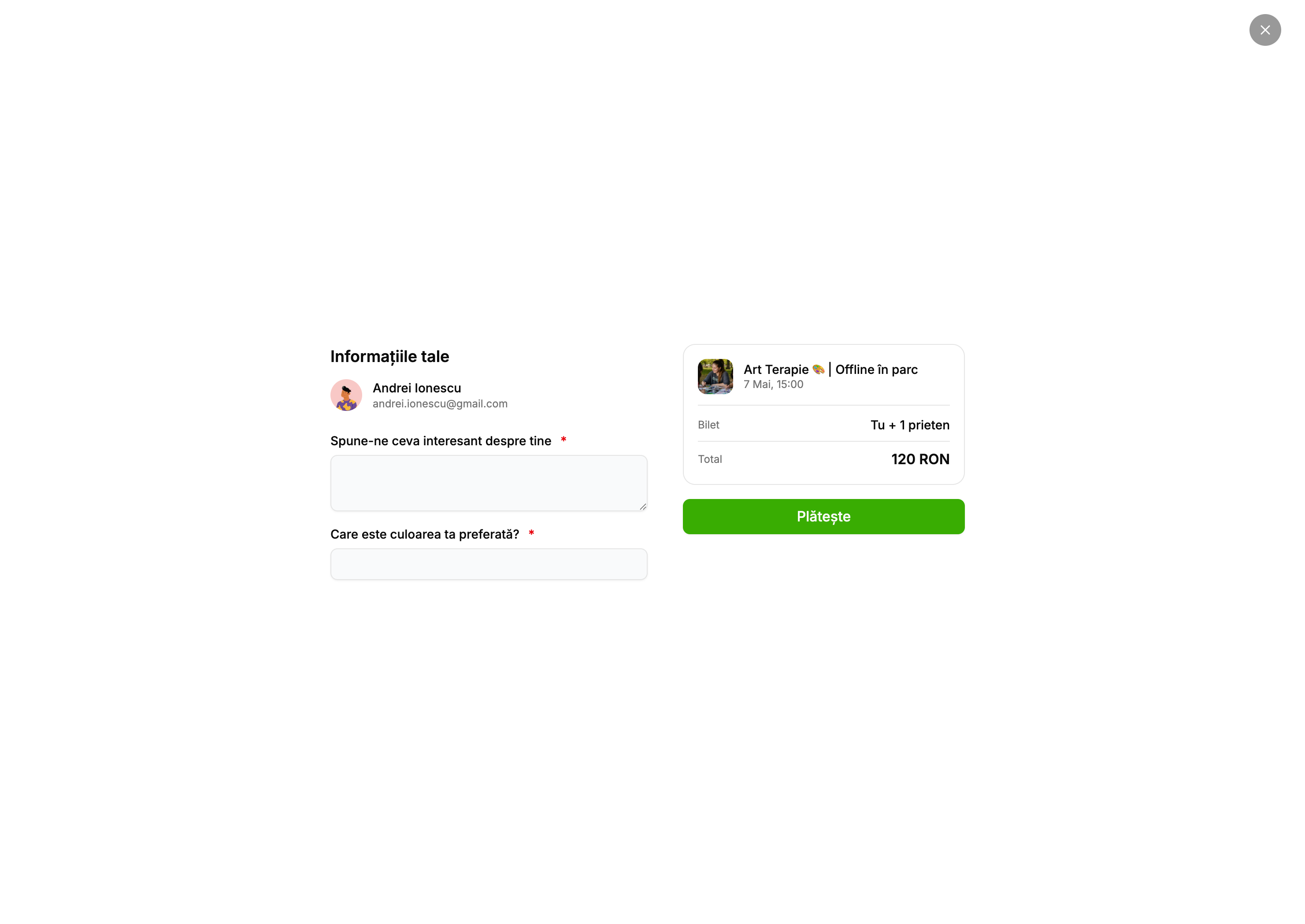 Modalul de cumpărare cu formularul de înscriere