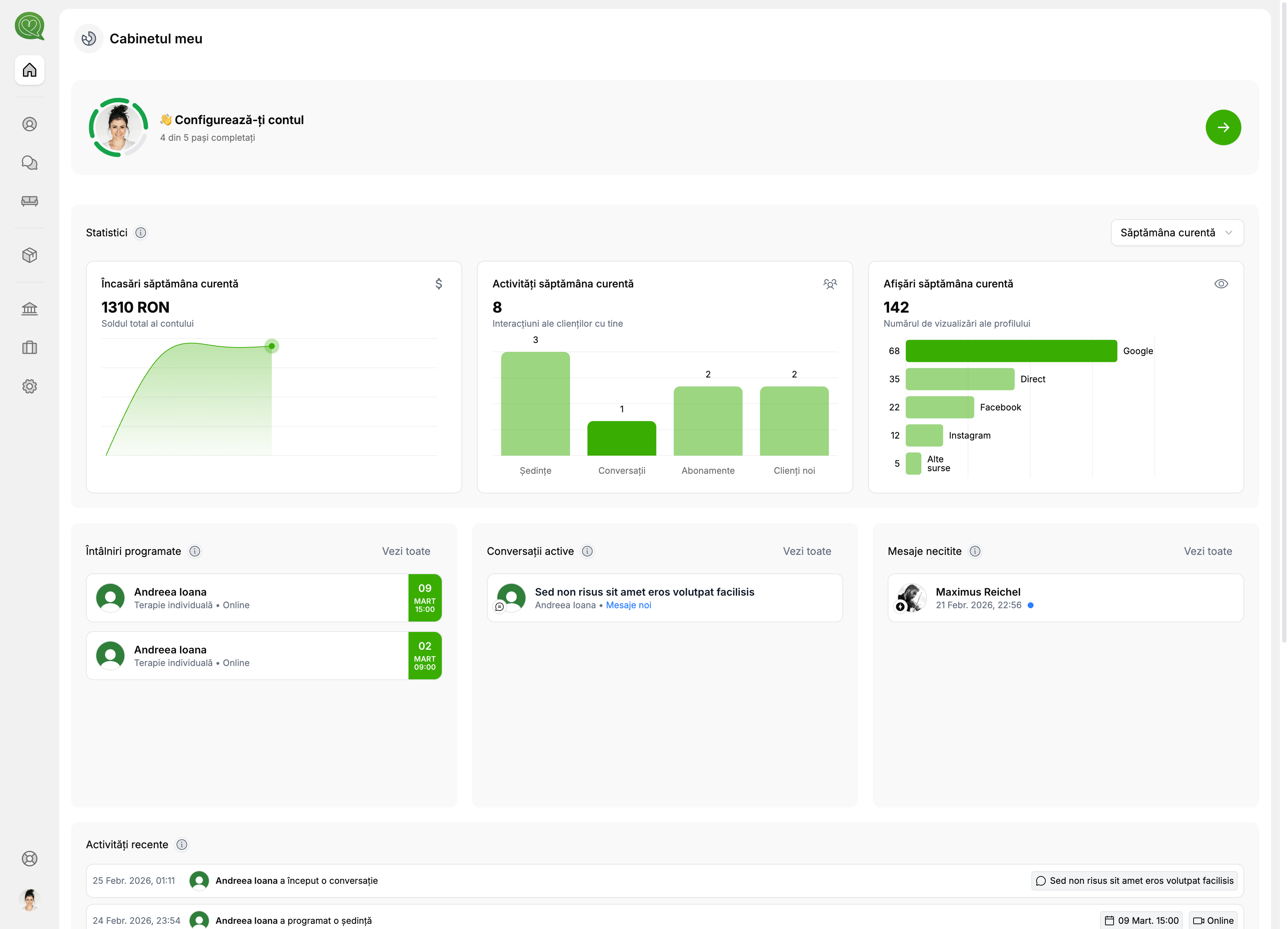 Widget de configurare pe pagina principală