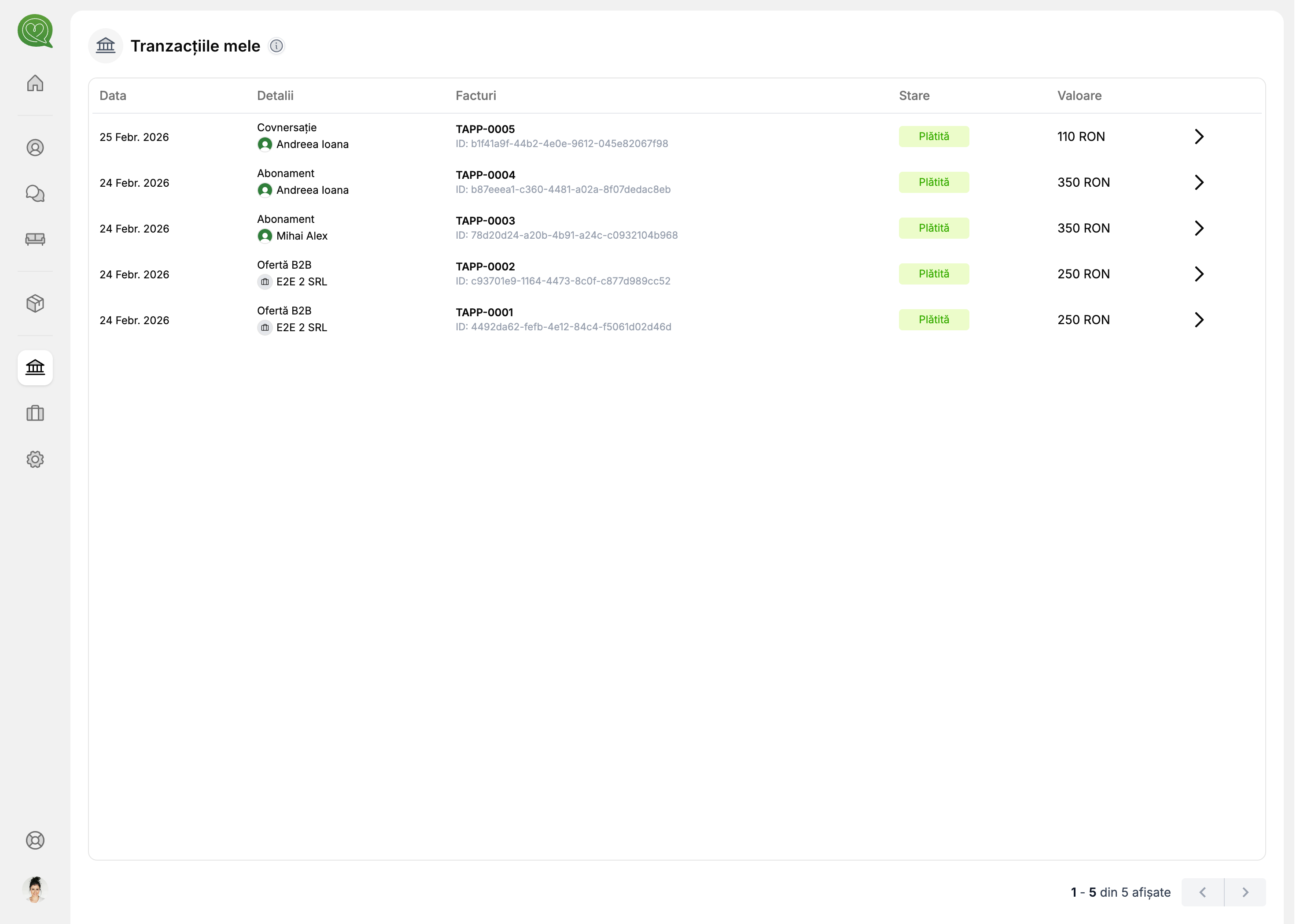 Lista de tranzacții
